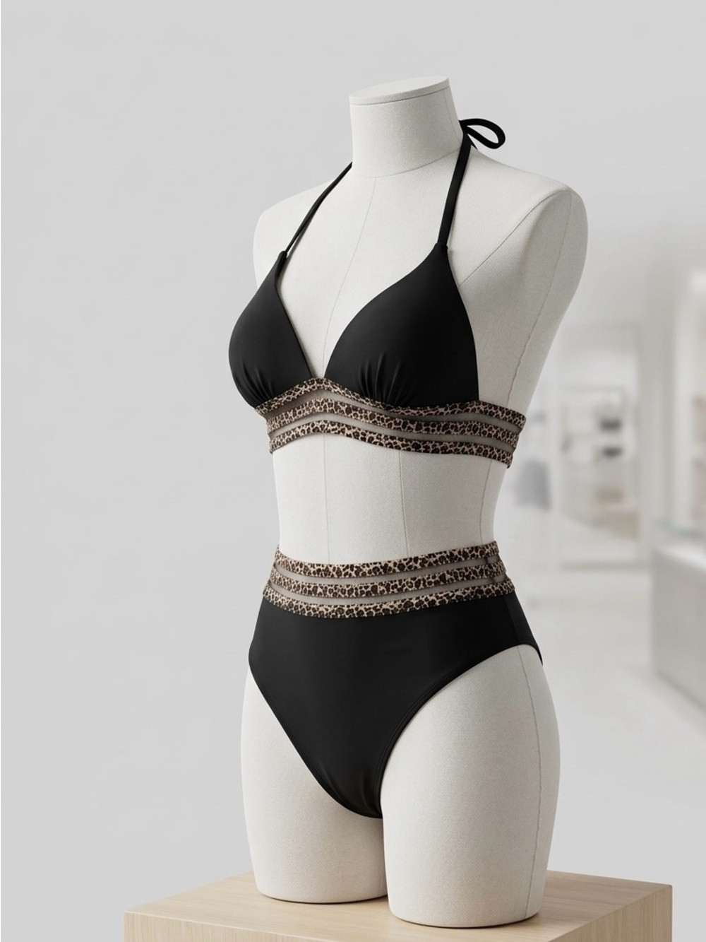 Black High-Waist Bikini with Leopard Trim - Women Swim